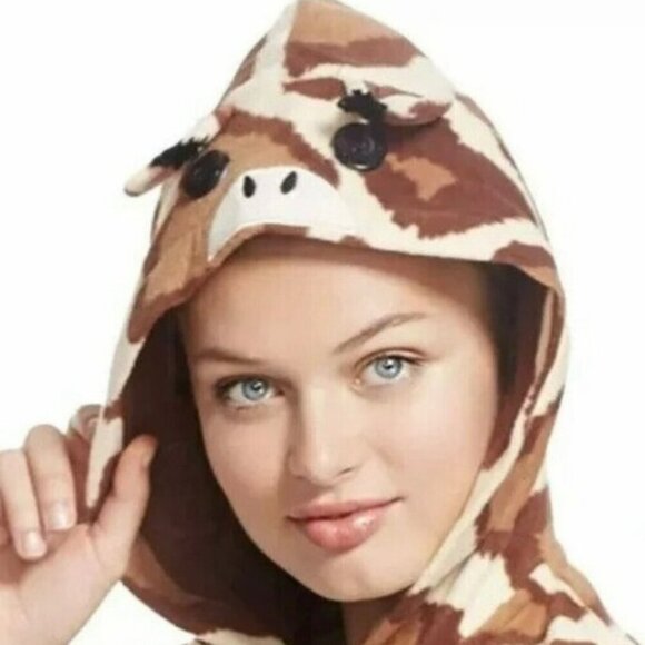 Nick & Nora Giraffe One Piece Sleepwear Women Medium Brown Hood Animal Safari - Picture 2 of 11